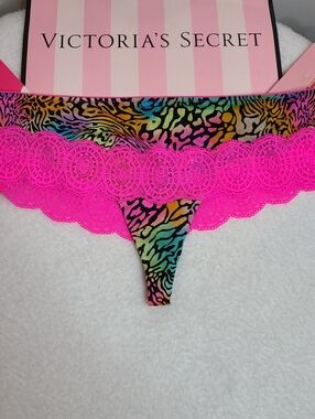 Rare VTG Victoria's Secret Neon Satin Lace Ruched Back Thong Panty Size M